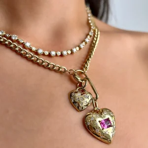 Anniversary Large Pink Sapphire and Diamond Heart Pendant