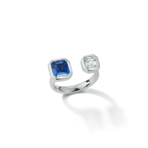 Bespoke Blue Sapphire and Asscher Cut Diamond Open Ring