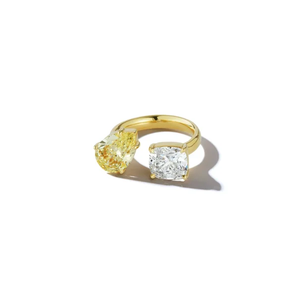 Bespoke Canary Diamond Pear and Diamond Cushion Open Ring