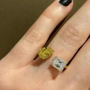 Bespoke Canary Diamond Pear and Diamond Cushion Open Ring