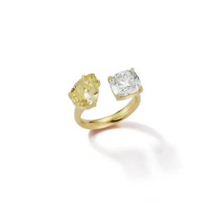 Bespoke Canary Diamond Pear and Diamond Cushion Open Ring