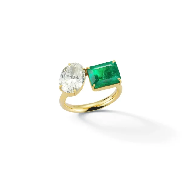 Bespoke Diamond Oval and Emerald Two Stone Ring