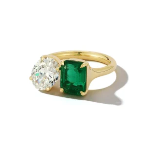 Bespoke Diamond Oval and Emerald "Kissing" Ring