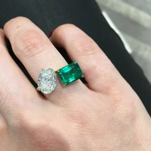 Bespoke Diamond Oval and Emerald Two Stone Ring