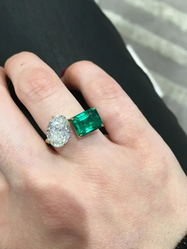 Bespoke Diamond Oval and Emerald Two Stone Ring