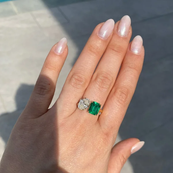 Bespoke Diamond Oval and Emerald "Kissing" Ring