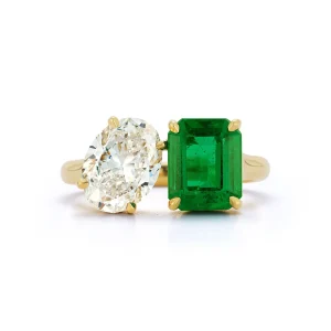 Bespoke Diamond Oval and Emerald "Kissing" Ring