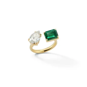 Bespoke Diamond Pear and Emerald Open Ring