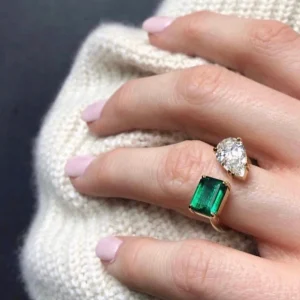 Bespoke Diamond Pear and Emerald Open Ring