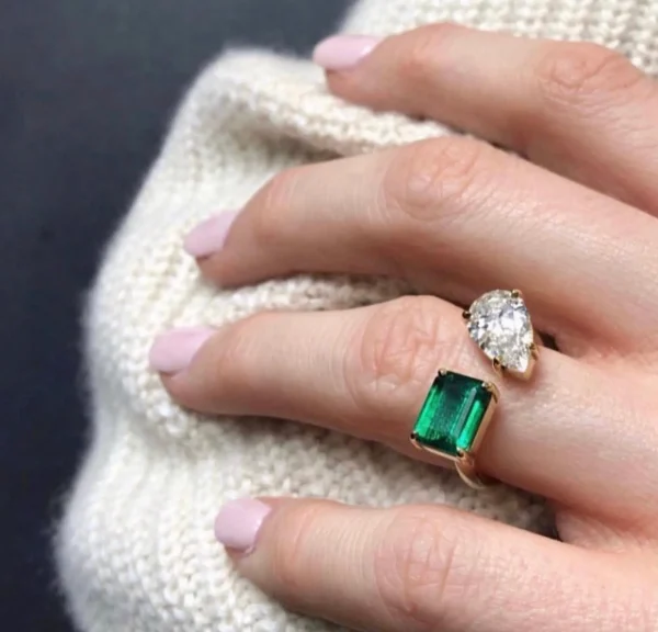 Bespoke Diamond Pear and Emerald Open Ring
