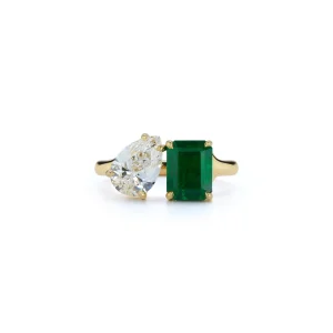 Bespoke Emerald and Diamond Pear "Kissing" Ring