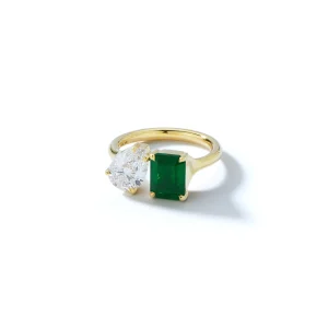 Bespoke Emerald and Diamond Pear "Kissing" Ring