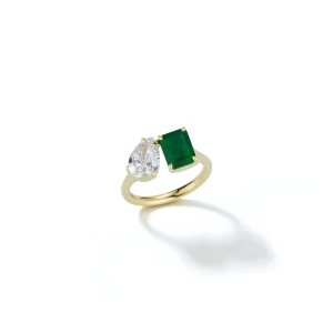 Bespoke Emerald and Diamond Pear "Kissing" Ring