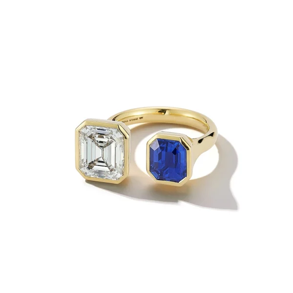 Bespoke Emerald Cut Diamond and Blue Sapphire Open Ring