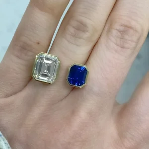 Bespoke Emerald Cut Diamond and Blue Sapphire Open Ring