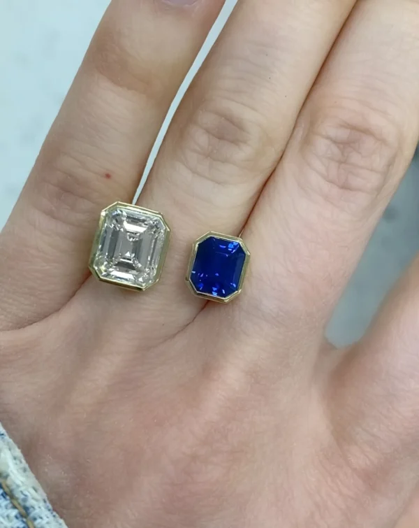 Bespoke Emerald Cut Diamond and Blue Sapphire Open Ring