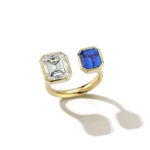 Bespoke Emerald Cut Diamond and Blue Sapphire Open Ring