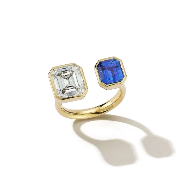 Bespoke Emerald Cut Diamond and Blue Sapphire Open Ring