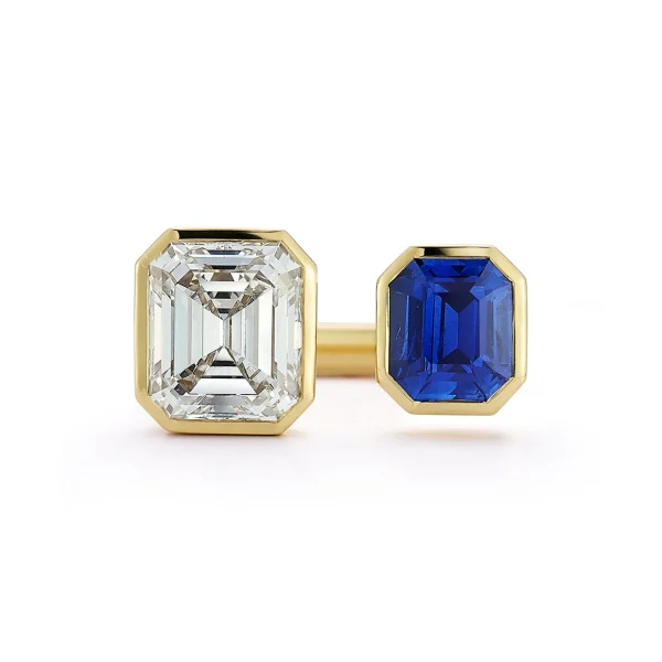 Bespoke Emerald Cut Diamond and Blue Sapphire Open Ring