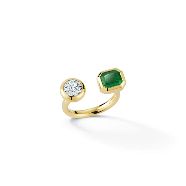 Bespoke Round Brilliant and Emerald Bezel Set Open Ring