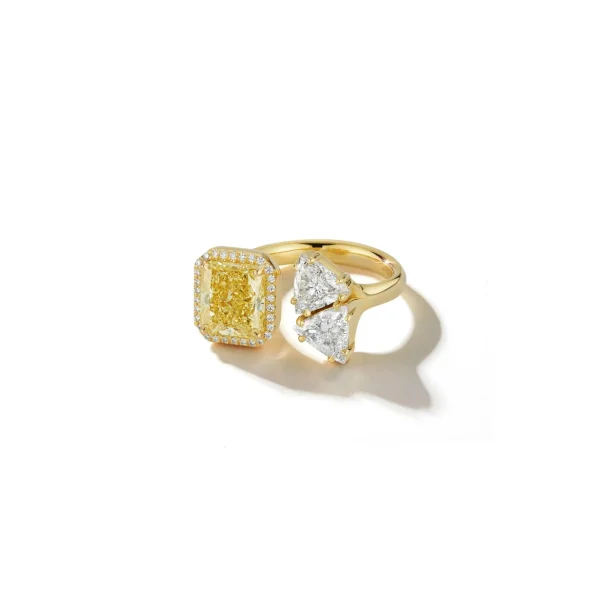 Bespoke Three Stone Radiant Canary and Diamond Trillion Open Ring