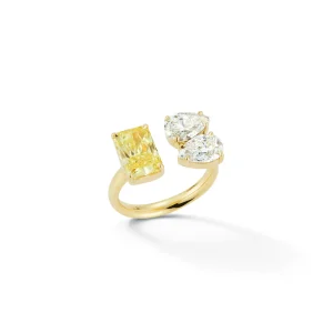 Bespoke Three Stone Radiant Canary and Diamond Pear Open Ring