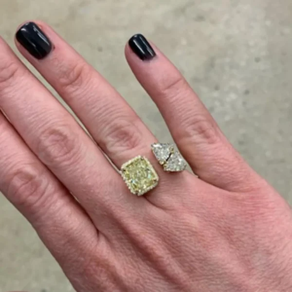 Bespoke Three Stone Radiant Canary and Diamond Trillion Open Ring