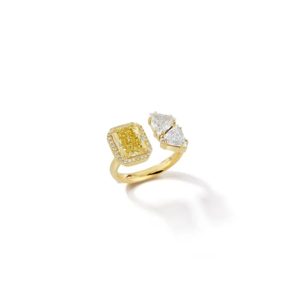 Bespoke Three Stone Radiant Canary and Diamond Trillion Open Ring