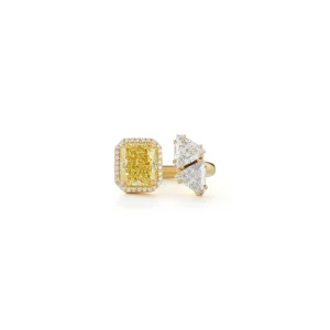 Bespoke Three Stone Radiant Canary and Diamond Trillion Open Ring