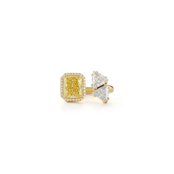 Bespoke Three Stone Radiant Canary and Diamond Trillion Open Ring