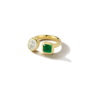 Bezel Set Emerald and Diamond Open Ring