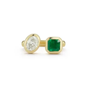 Bezel Set Emerald and Diamond Open Ring