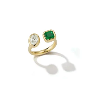 Bezel Set Emerald and Diamond Open Ring