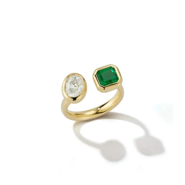 Bezel Set Emerald and Diamond Open Ring