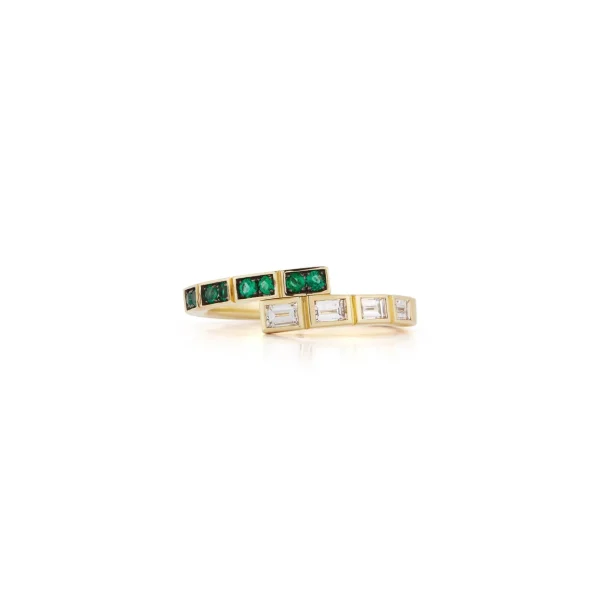 Modern Deco Diamond Baguette and Emerald Ring