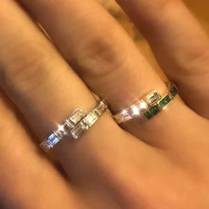 Modern Deco Diamond Baguette and Emerald Ring