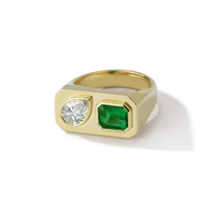 Prive Duo Signet Diamond Pear and Emerald Ring