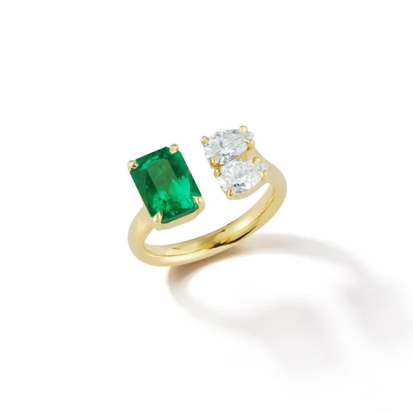 Prive Emerald and Double Diamond Pear Open Ring