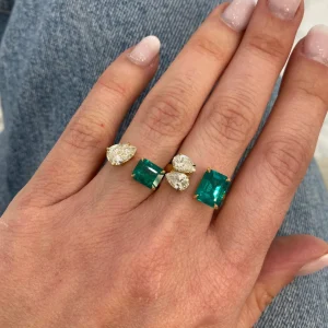 Prive Emerald and Double Diamond Pear Open Ring