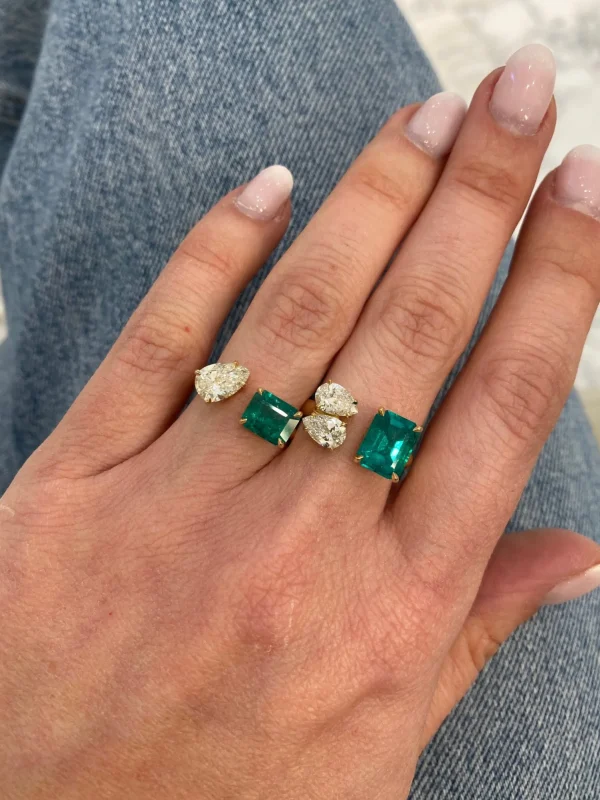 Prive Emerald and Double Diamond Pear Open Ring