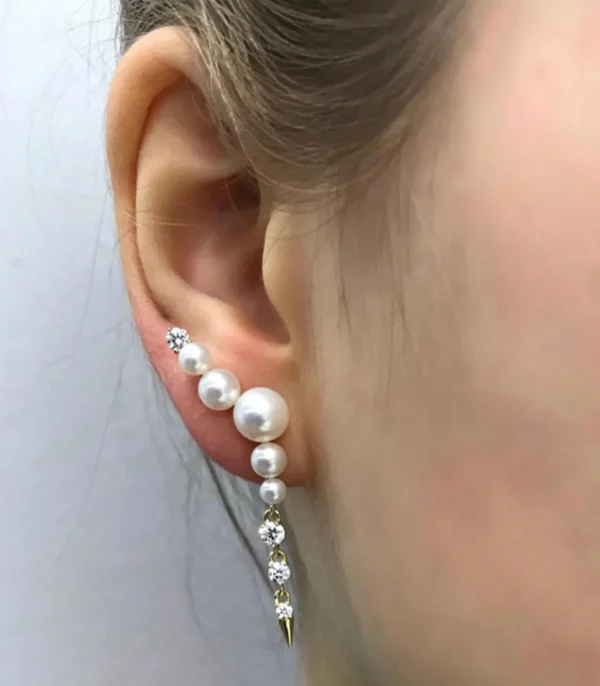 Prive Pearl Ear Climber Diamond Drops