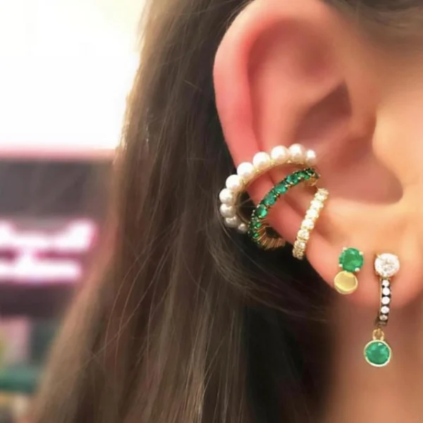 Prive Pearl Emerald and Diamond Triple Ear Cuff